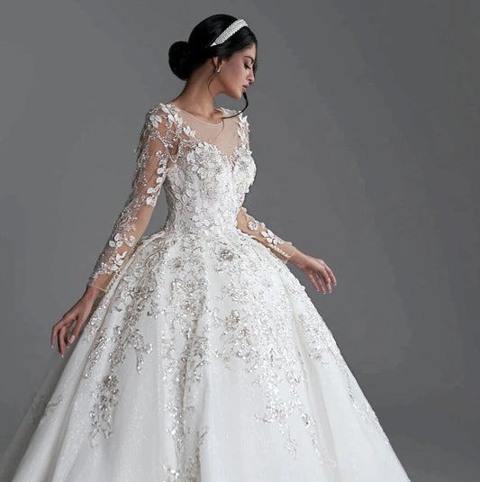 Custom Made White Princess Ball Gown Wedding Dress – Long Sleeves, Sequined Beading & Royal Train - HER SHOP