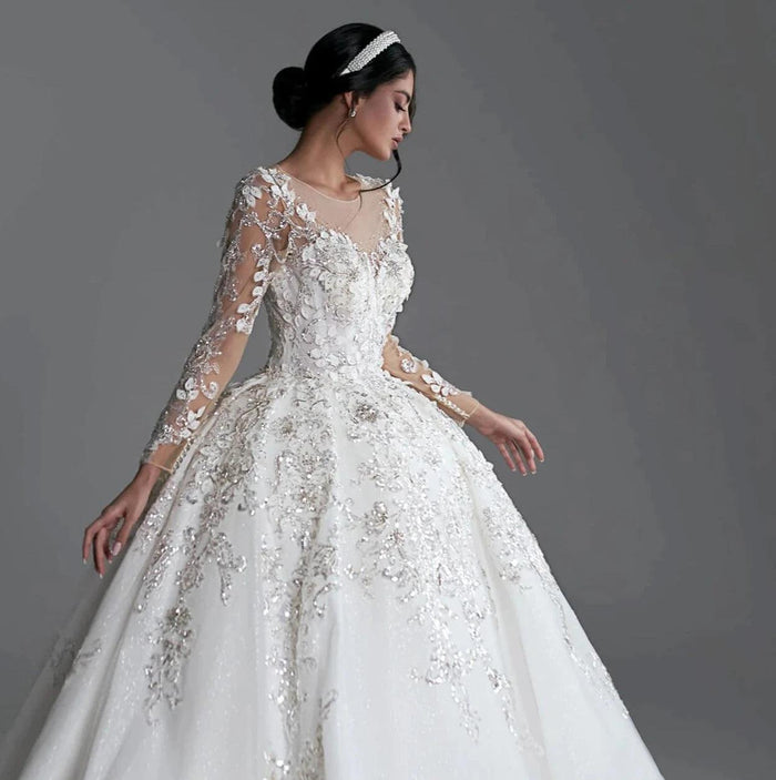 White Princess Wedding Dress - Long Sleeve Ball Gown with Sequined Beading & Royal Train