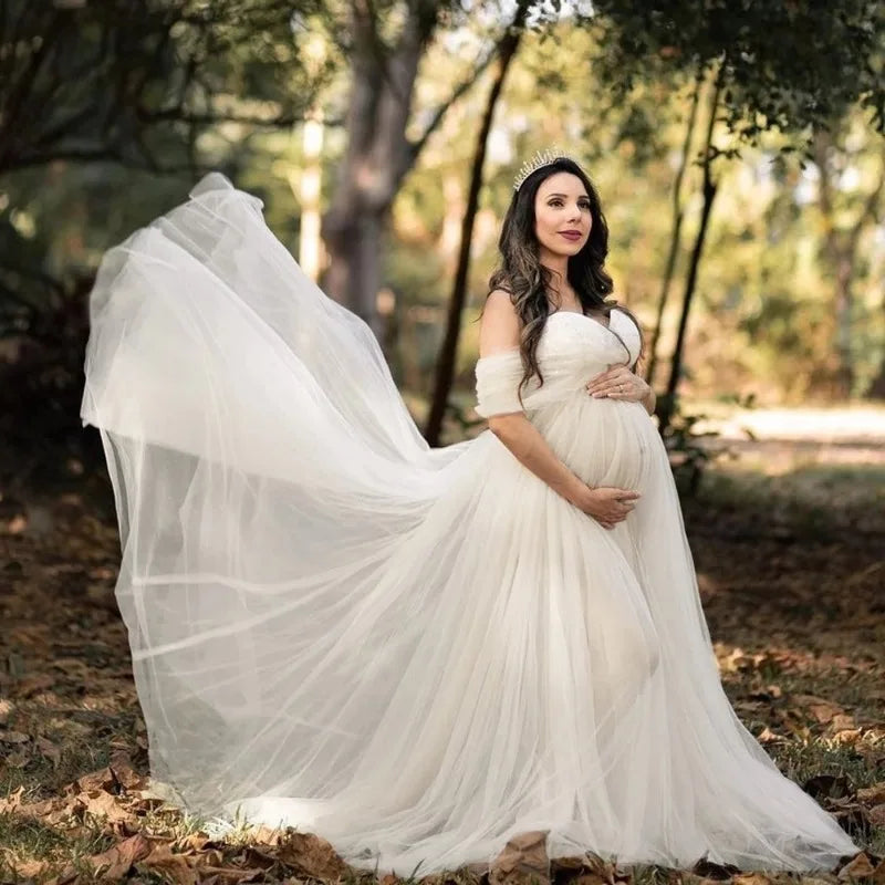 Elegant Off-Shoulder Lace Maternity Dress - Long Maxi Gown for Photoshoots & Photography Props