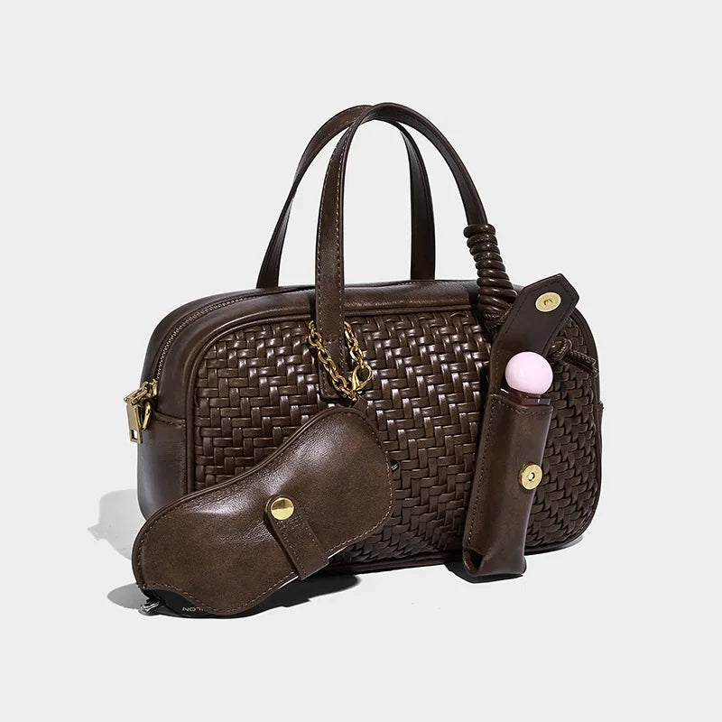 Women's Boston Bag 2025 Fall Winter New Woven Bowling Bag Unique Design Handheld Pack Trendy Light Luxury PU Leather Handbag