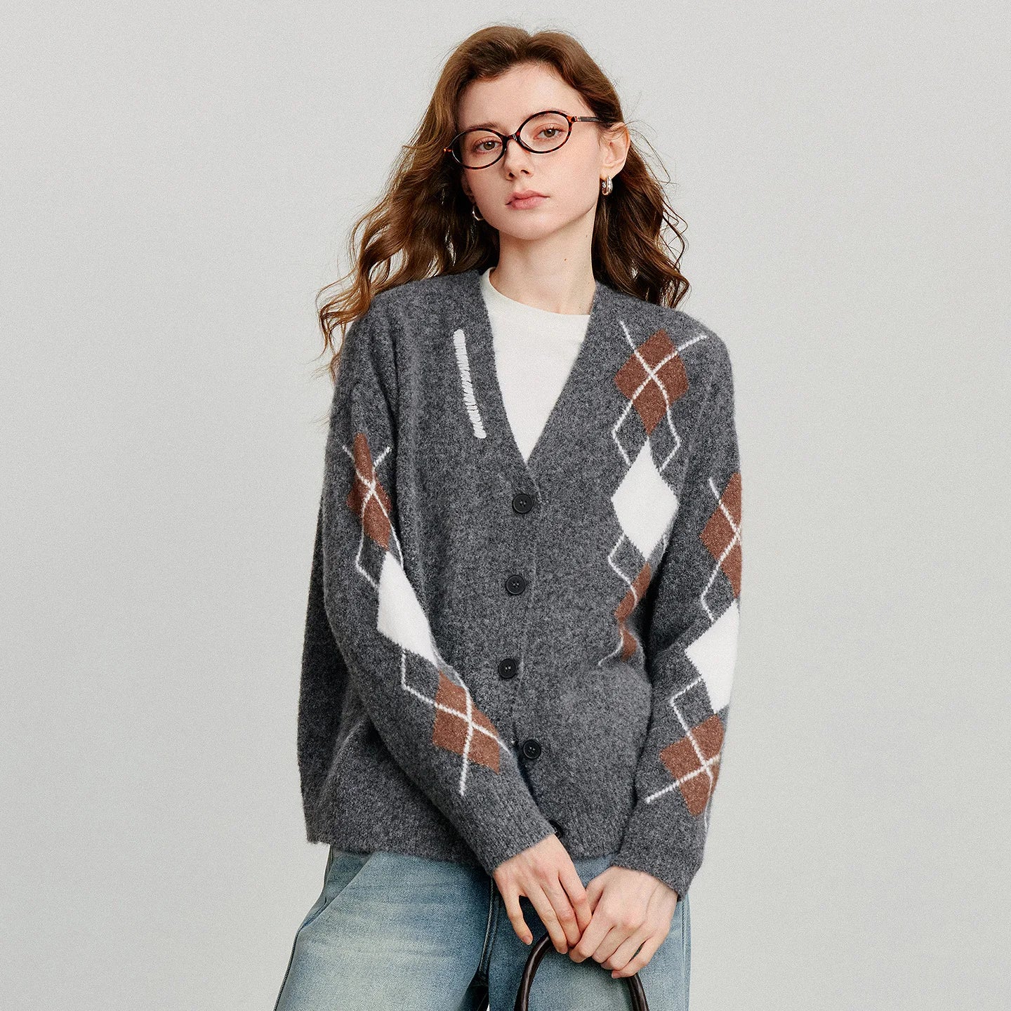 Women Knitted Sweater 2025 Autumn New Grid Pattern V Neck Single Breasted Button Knitted Cardigan Coat Gray - HER SHOP