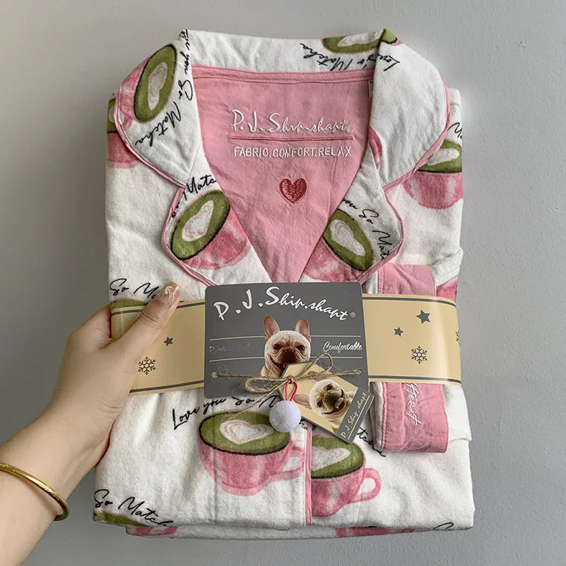 Women’s Cotton Cartoon Pajama Set – Long Sleeve Ankle-Length Pants Autumn Winter Homewear