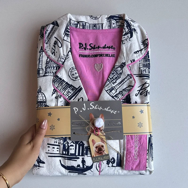 Women’s Cotton Cartoon Pajama Set – Long Sleeve Ankle-Length Pants Autumn Winter Homewear