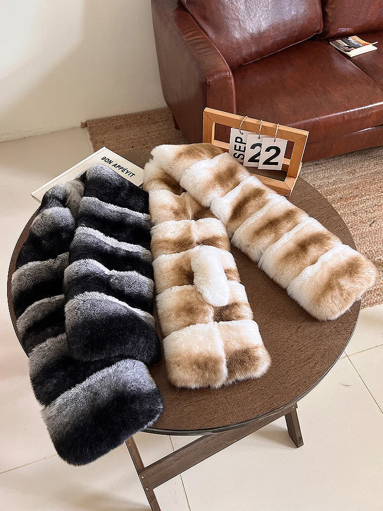 Real Natural Rex Rabbit Fur Neckerchief– Women's Luxury Winter Shawl & Double Fur Scarf, Chinchilla Style Warm Female Scarves