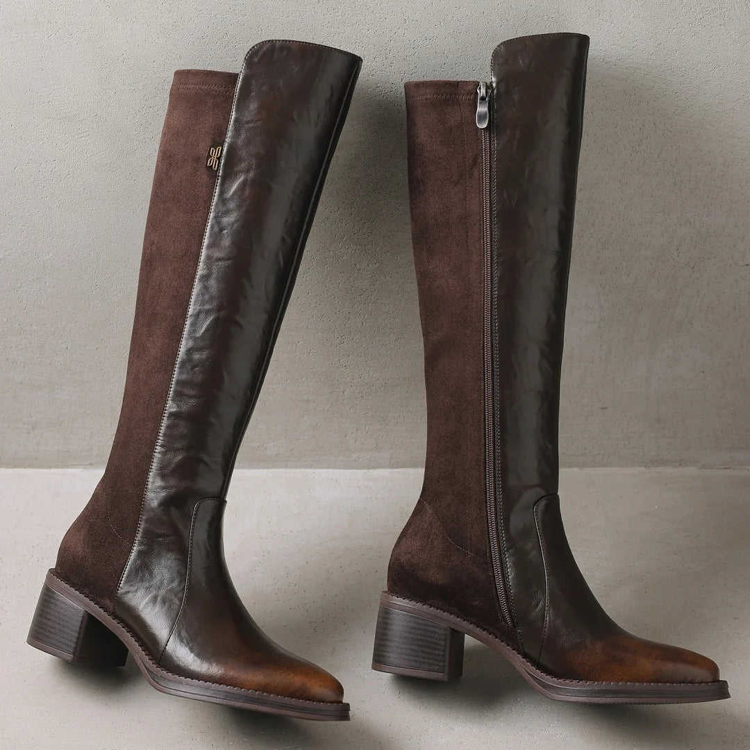 Women’s Genuine Leather & Flock Patchwork Knee-High Knight Boots – Side Zip, 5cm Thick Medium Heel, Casual Autumn Winter Long Boots