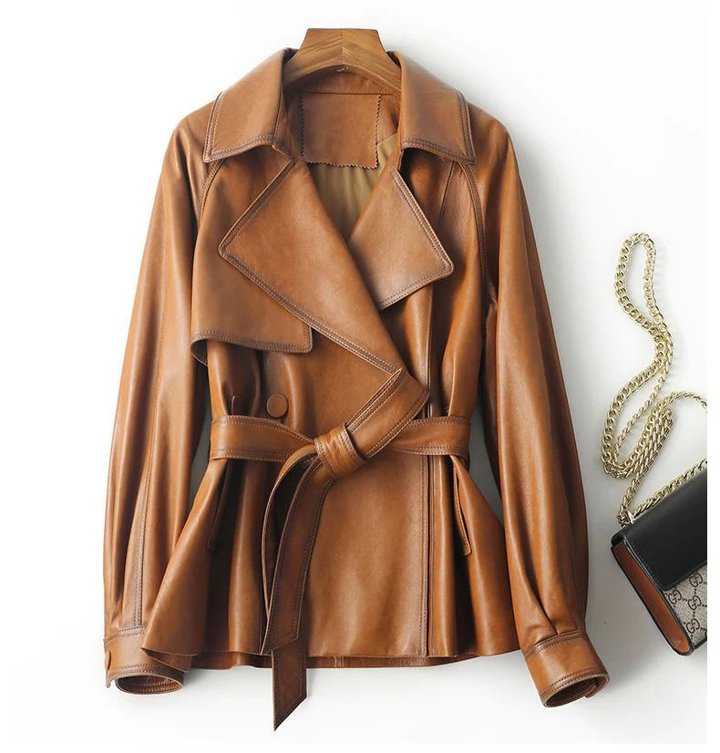 Vintage Brown Real Sheepskin Leather Jacket for Women – Lapel Collar Belted Design, First-Layer Leather, Casual Fashion Outerwear