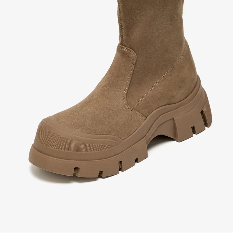 Women’s Stretch Fabric Sock Boots – Handmade Round Toe Slip-On Platform Boots in Solid Color