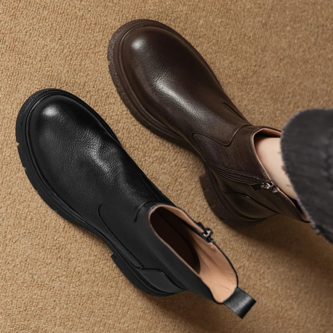 Women’s Genuine Sheepskin Ankle Boots with Side Zip – Round Toe, Soft Comfort, Thick Sole Casual Boots for Autumn