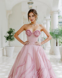 Dreamlike Dusty Rose Pink Couture Evening Gown – Long Bridal Dress with Handmade Flower Details and Puffy Tutu Tulle