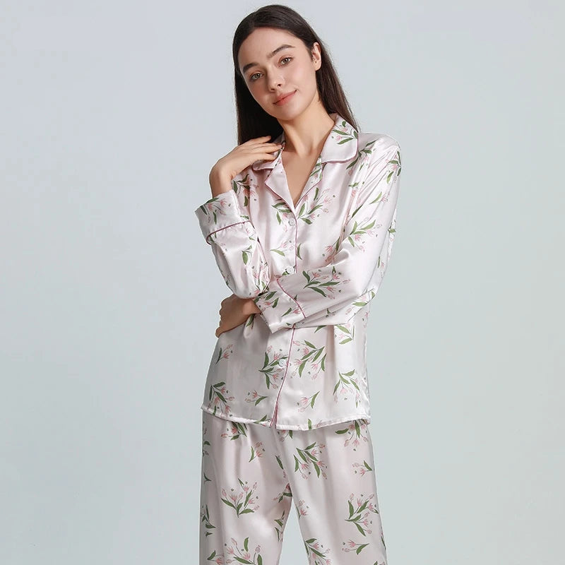 100% Real Silk Women’s Pajama Set – Printed Long-Sleeve Summer Home Suit