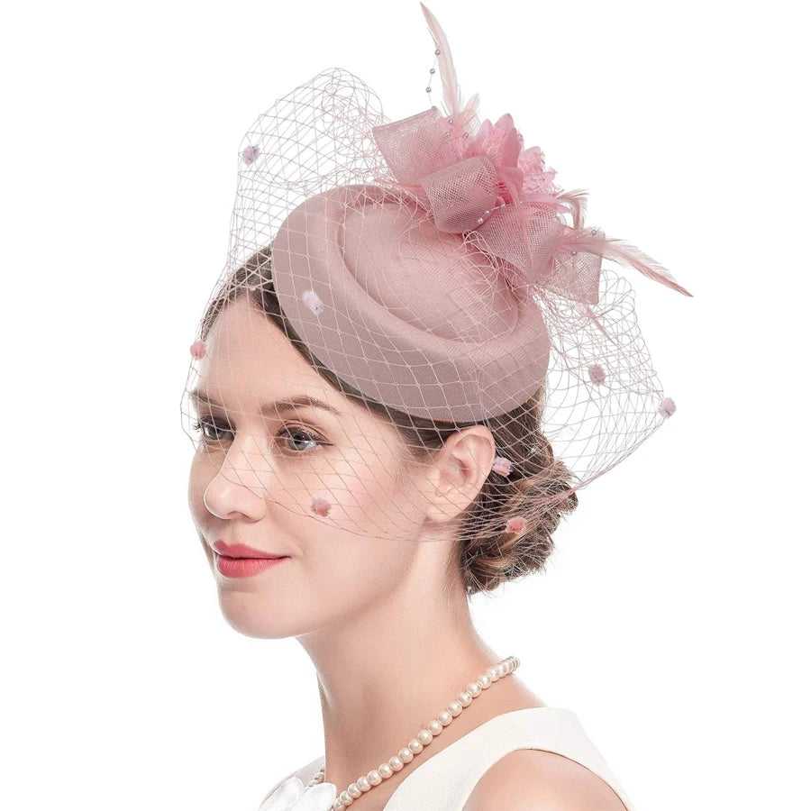 Vintage Fascinator Hat for Women – 20s/50s Pillbox Style with Flower & Veil for Kentucky Derby, Wedding, or Tea Party