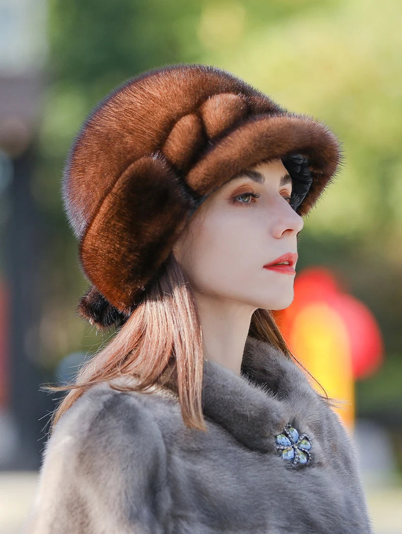 Real Mink Fur Hat for Women – Winter Thickened Whole Mink Fur Fisherman Hat with Ear Protection
