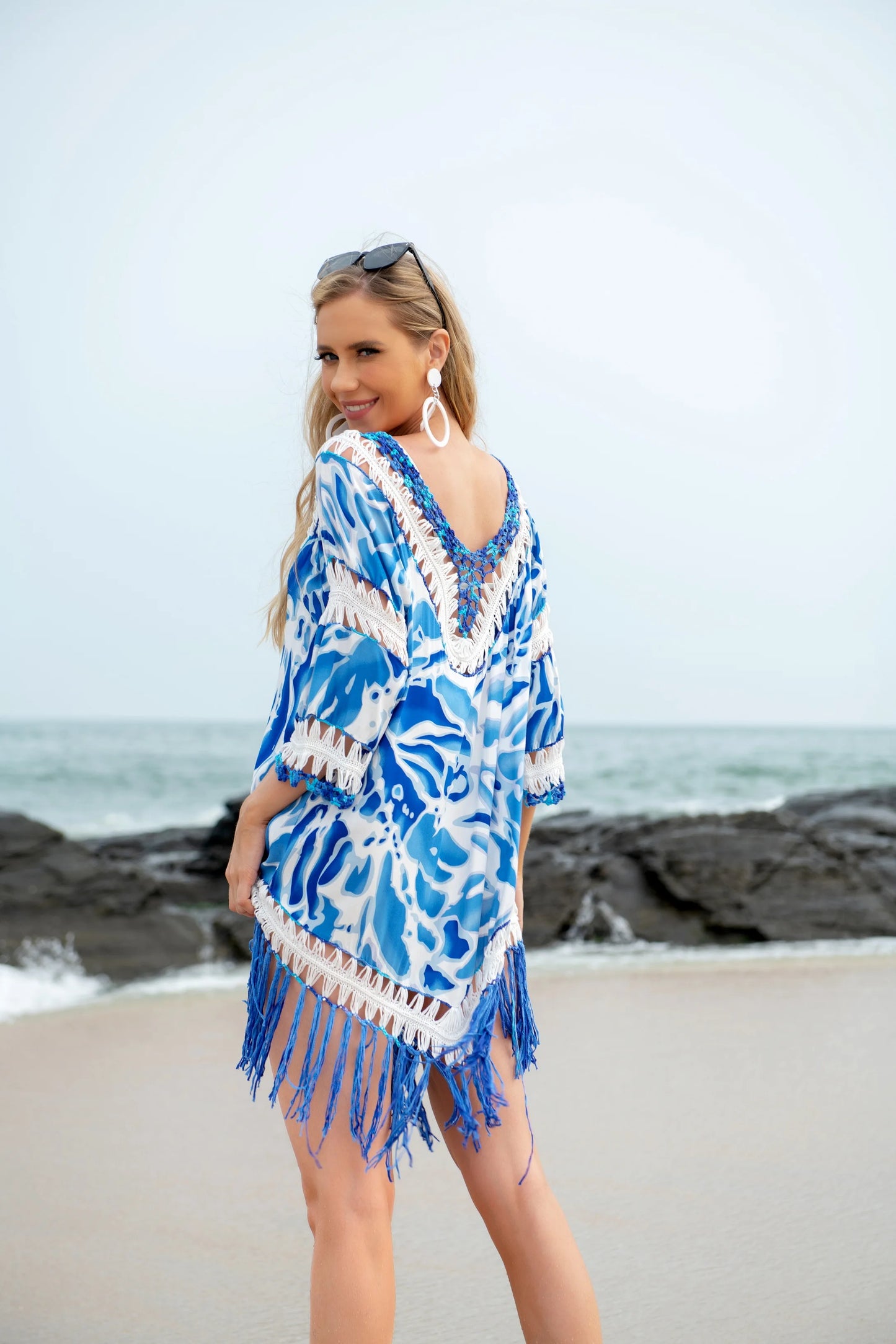 Women’s Crochet Beach Dress Cover-Up – Hollow-Out Long Sleeve Swimwear Tunic