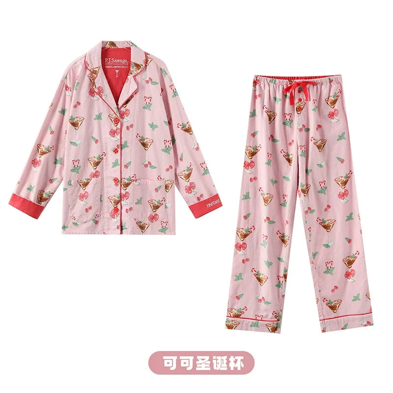 Women’s Cotton Cartoon Pajama Set – Long Sleeve Ankle-Length Pants Autumn Winter Homewear