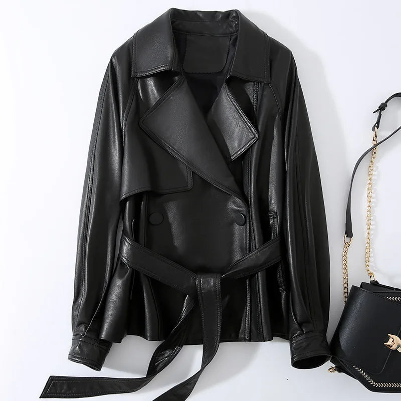 Vintage Brown Real Sheepskin Leather Jacket for Women – Lapel Collar Belted Design, First-Layer Leather, Casual Fashion Outerwear