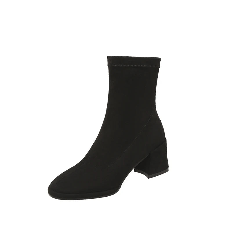 2026 new autumn winter women ankle boots 22-24.5cm stretch flannel square toe thick high heel skinny boots fashion short boots