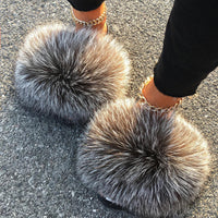 Extra Large Real Fox Raccoon Fur Slides - Designer Beach Sandals with Plush Furry Detailing for Women