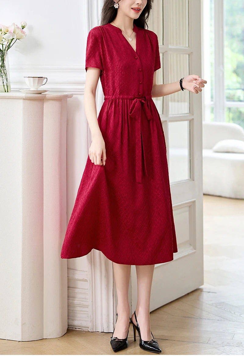 19 Momme Real Silk Elegant Fashion Dresses For Women 2026 Summer V-neck Short Sleeve Drawstring Office Lady Long Dress A-line