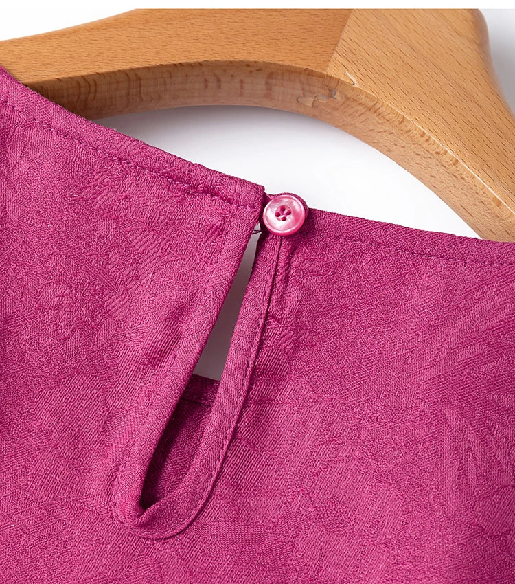 70% Mulberry Silk Cotton Jacquard Blouse – Women’s Hot Pink Long Sleeve Pullover Top