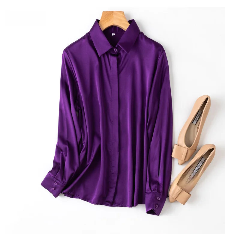 Women's 93% Mulberry Silk 7% Spandex 19 momme satin Silk Buttons down long sleeve shirt Top Blouse office work M L XL MM161