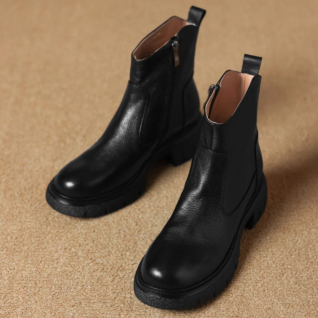 Women’s Genuine Sheepskin Ankle Boots with Side Zip – Round Toe, Soft Comfort, Thick Sole Casual Boots for Autumn