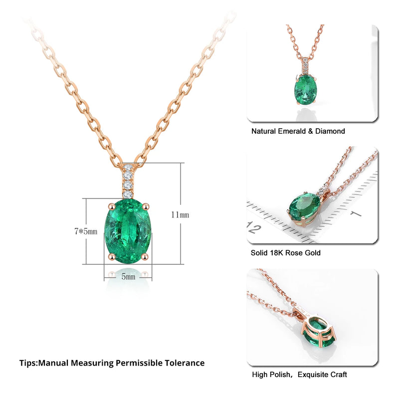 Solid 18K Rose Gold Emerald and Diamond Pendant Necklace - 0.82 Carat Emerald, 0.028 Carat Diamond with Silver Chain