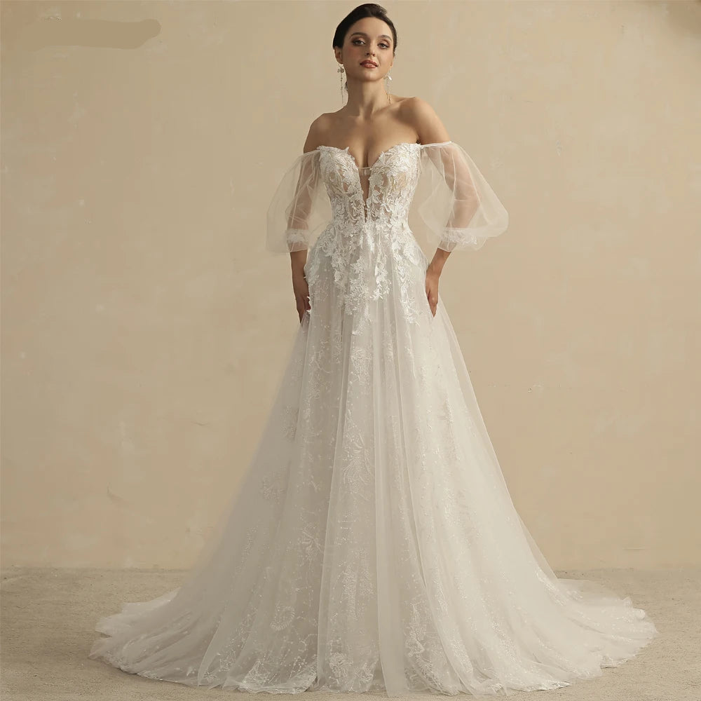 Customized Shinny Glittle A Line Skirt Wedding Dress For Women With Puff Sleeves Sexy Sweetheart Lace Bridal Gown - HER SHOP