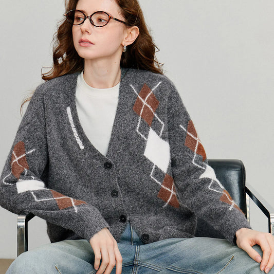 Women Knitted Sweater 2025 Autumn New Grid Pattern V Neck Single Breasted Button Knitted Cardigan Coat Gray - HER SHOP
