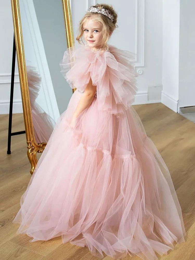 Light Pink Feather Flower Girl Dress - Tulle Puffy V-Back Princess Gown for Wedding, Birthday, First Communion