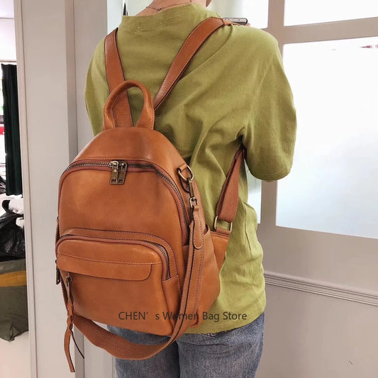 Highend Vintage A4 Coffee Yellow Brown Black Full Grain Genuine Leather Women Backpack Cowhide Girl Travel Bag - HER SHOP
