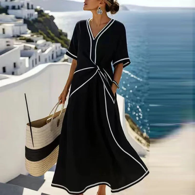 Elegant Striped Print V-Neck Maxi Dress – Short Sleeve Boho Casual Black / XXL