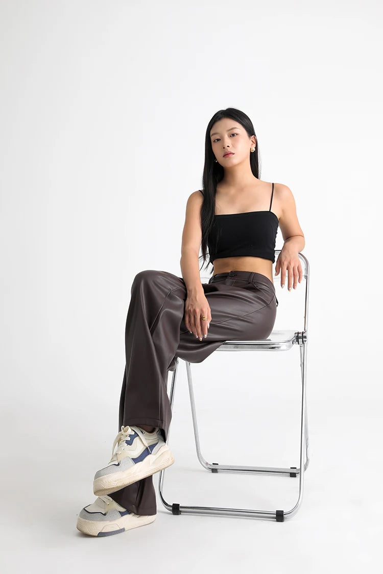 Fall Winter Fleece Loose Wide Leg Warm Leather Pants Women Button Pocket High Waist Thick PU Casual Straight Pants