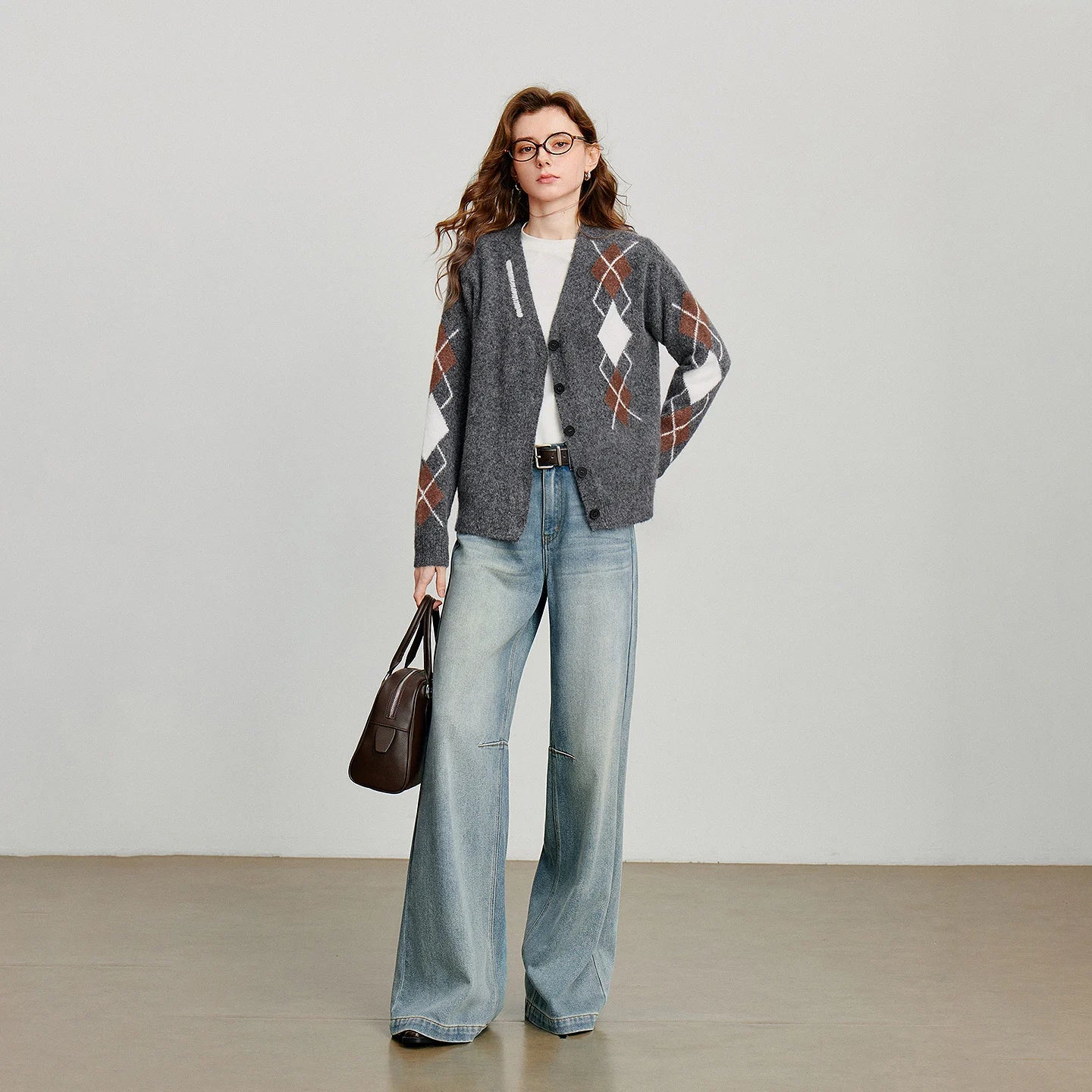 Women Knitted Sweater 2025 Autumn New Grid Pattern V Neck Single Breasted Button Knitted Cardigan Coat Gray