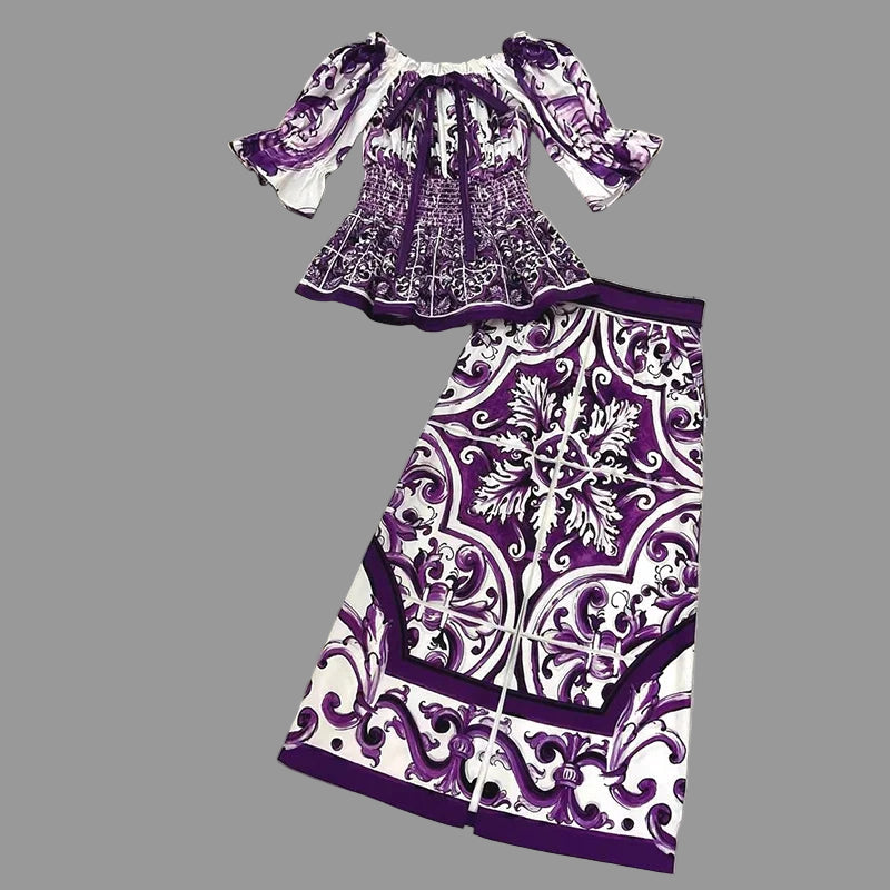 Elegant Women's Silk Top & Printed Cotton Skirt Set – 2-Piece Turn-Down Collar Outfit