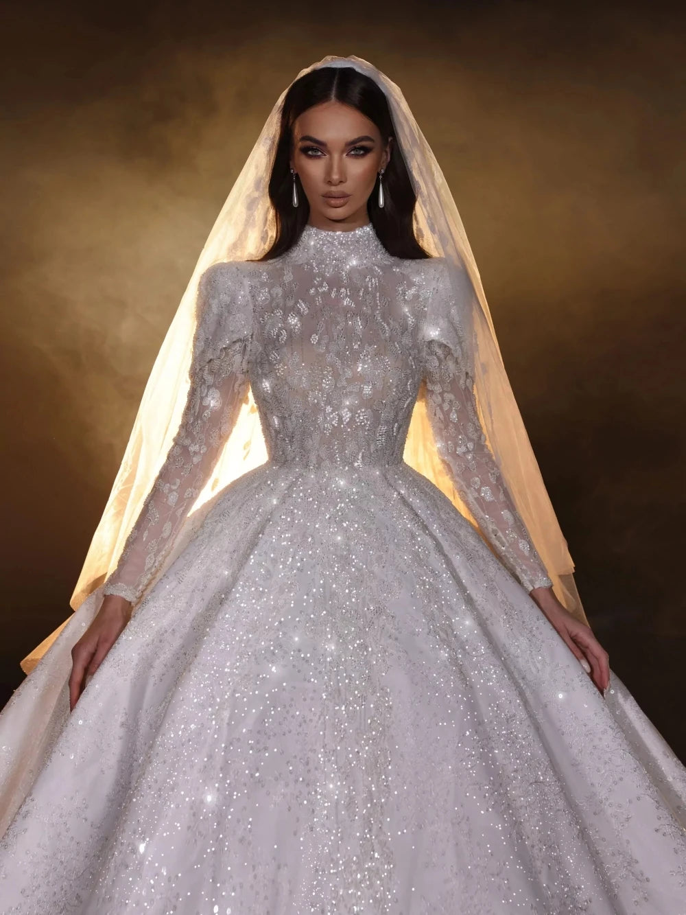 Modest High Neck Wedding Dress Long Sleeves with Sparkly Sequins and Beads - HER SHOP