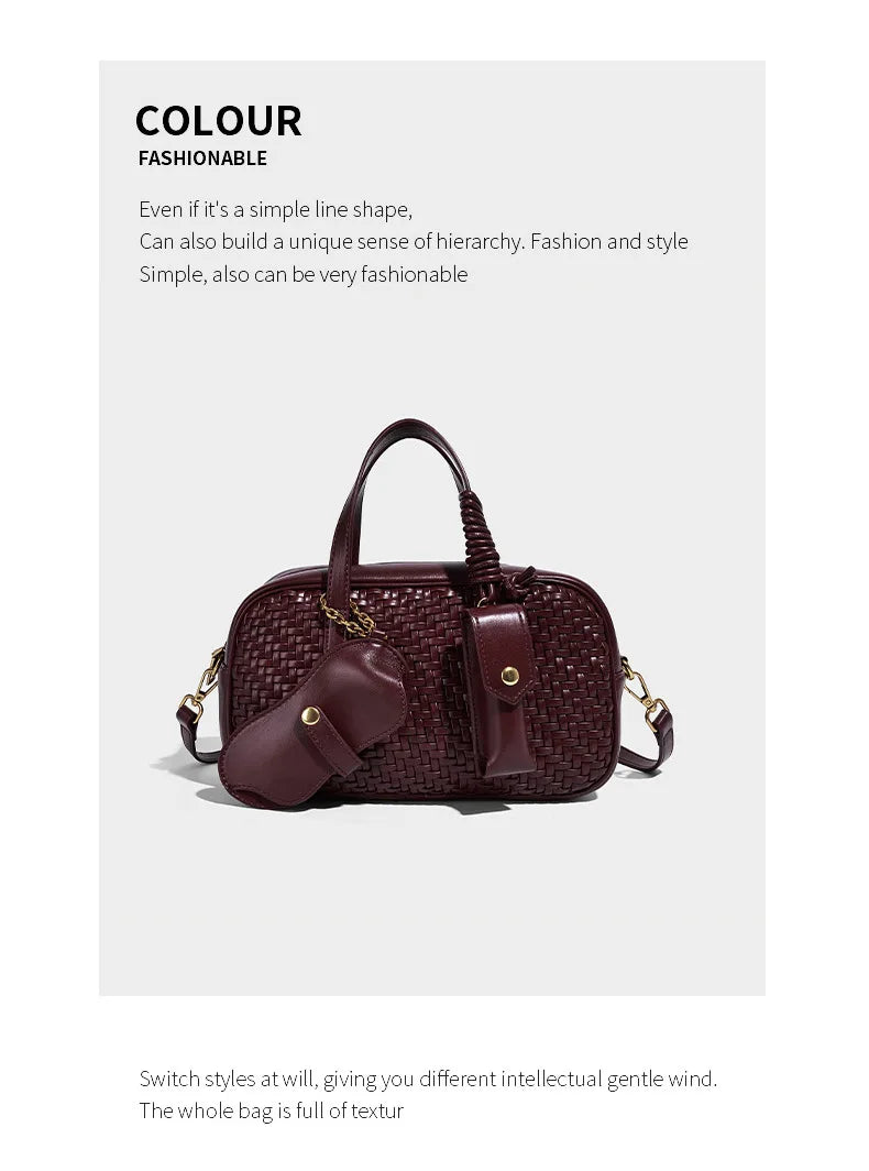 Women's Boston Bag 2025 Fall Winter New Woven Bowling Bag Unique Design Handheld Pack Trendy Light Luxury PU Leather Handbag