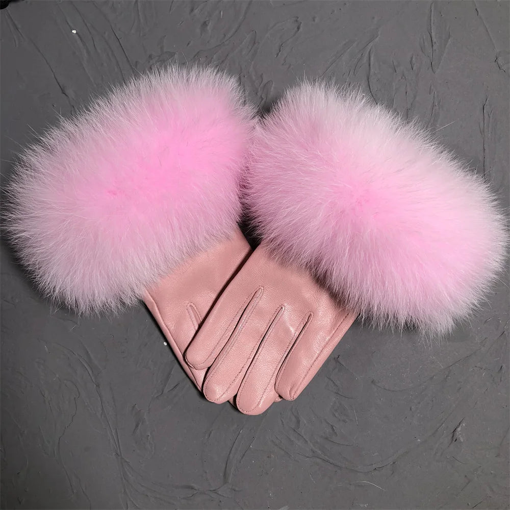 Luxury Fox Fur & Genuine Sheepskin Leather Gloves for Women – Winter Warm Driving Mittens with Real Fur Cuffs