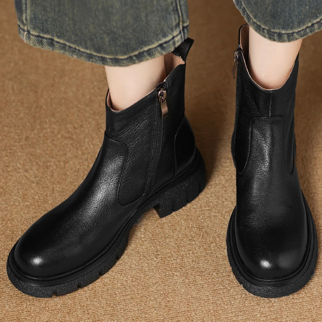 Women’s Genuine Sheepskin Ankle Boots with Side Zip – Round Toe, Soft Comfort, Thick Sole Casual Boots for Autumn