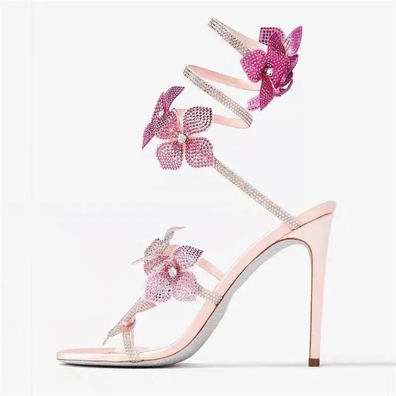 Sexy Crystal Flower High Heel Sandals for Women – Street Style Narrow Band Ankle Strap Party & Dance Shoes