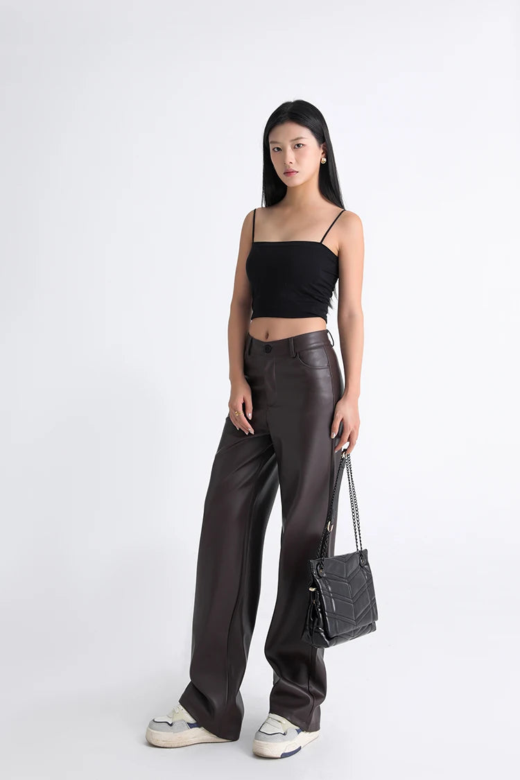 Fall Winter Fleece Loose Wide Leg Warm Leather Pants Women Button Pocket High Waist Thick PU Casual Straight Pants