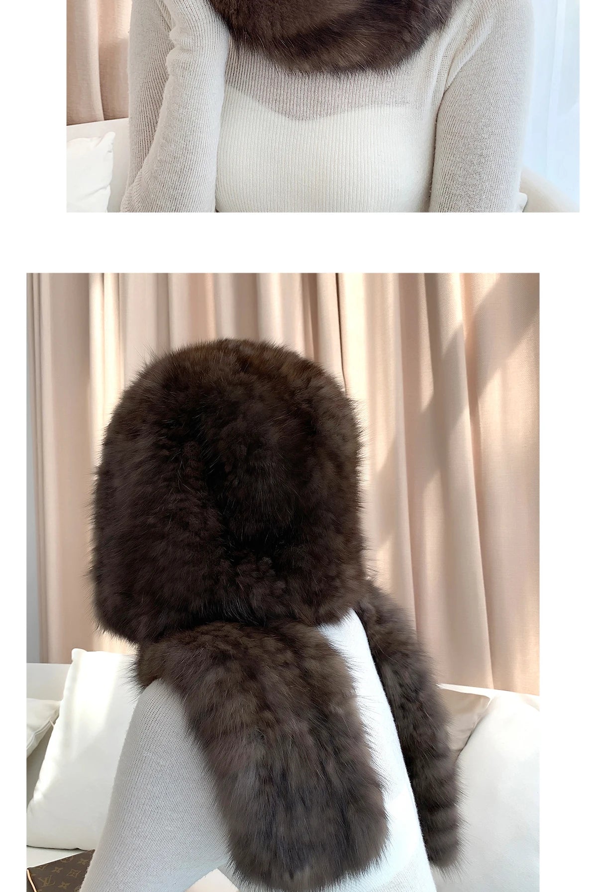 2025 Lady Real Sable Fur Hat Scarf Winter Warm Fluffy 100% Natural Sable Fur Hat Scarves Women Knitted Genuine Fur Cap Shawl