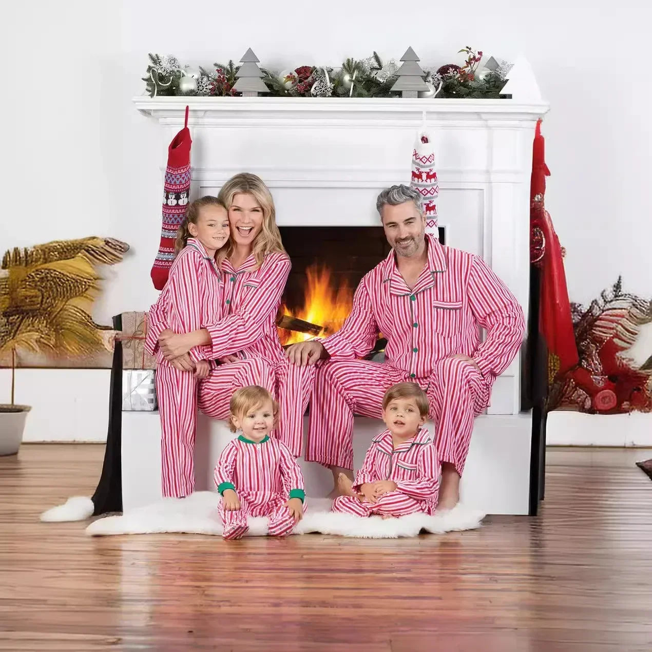 Christmas Family Matching Pajamas Set — Striped Print Button Shirt & Pants for Mom, Dad, Kids, and Baby - HER SHOP