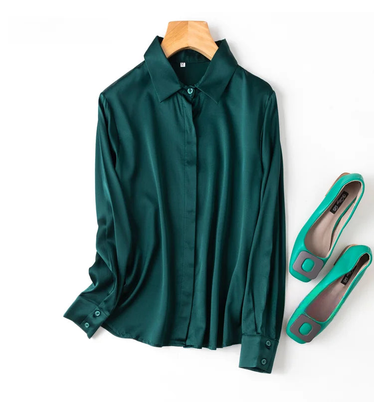 Women's 93% Mulberry Silk 7% Spandex 19 momme satin Silk Buttons down long sleeve shirt Top Blouse office work M L XL MM161
