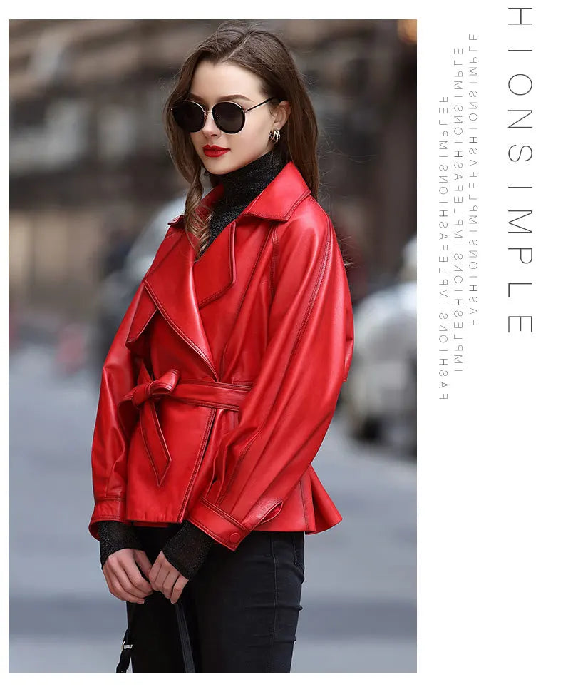 Vintage Brown Real Sheepskin Leather Jacket for Women – Lapel Collar Belted Design, First-Layer Leather, Casual Fashion Outerwear