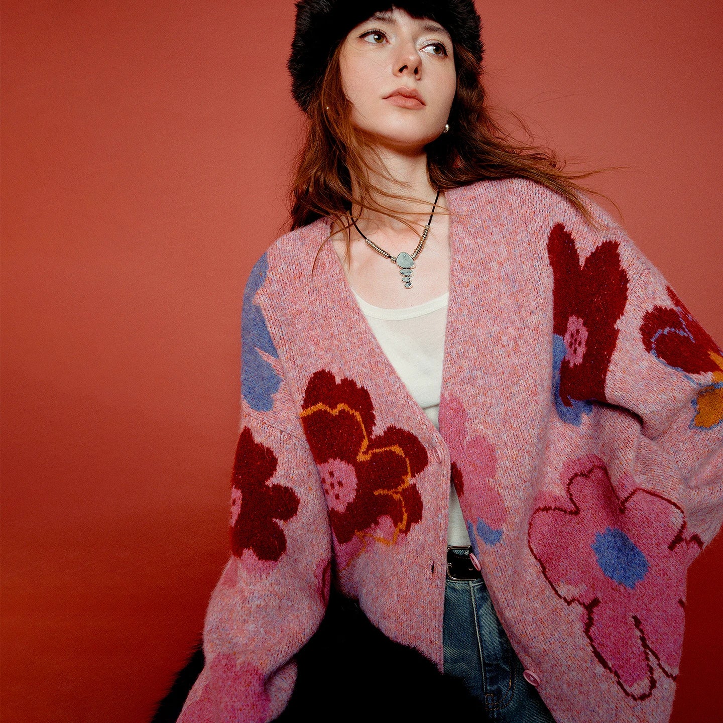 Women’s Floral Jacquard Knit Cardigan Coat – V-Neck Button Front Office-Style Jacket for Spring & Fall