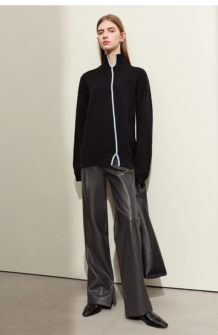Person wearing black wide-leg pants and a white shirt on a gray background with 'Amii' branding.