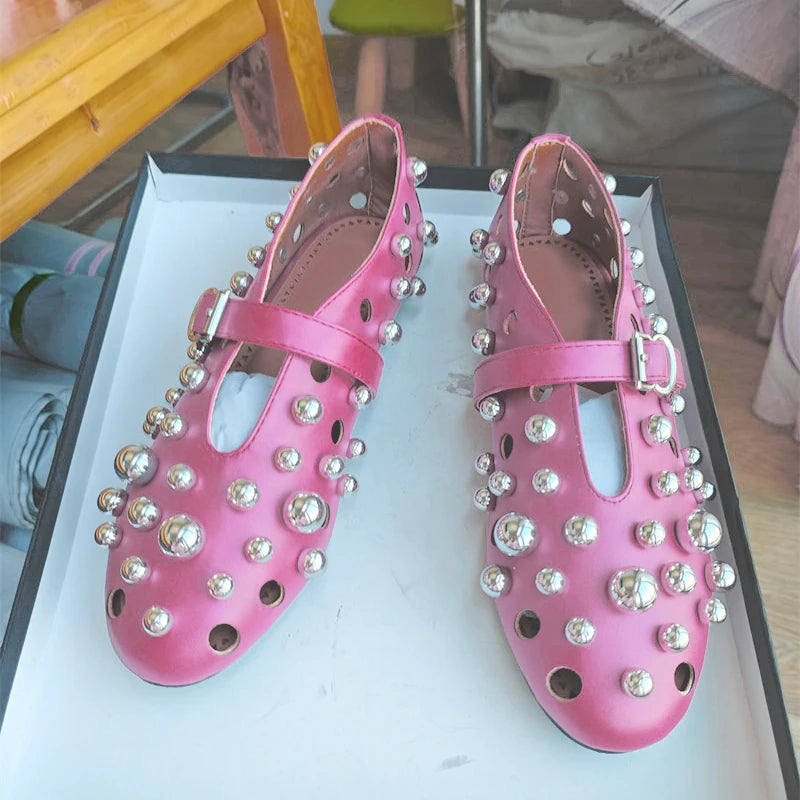 New Rivet Round Head Flat Shoes Orange Leather Sandal Buckle Ballet Sandal Silver Hollow Mary Jane Shoes Lipstick Key Bag 34-45