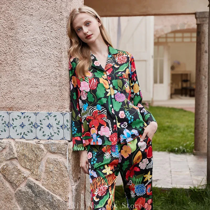 Elegant Pajama Set for Women – Long Sleeve Lapel Home Suit for Spring & Summer