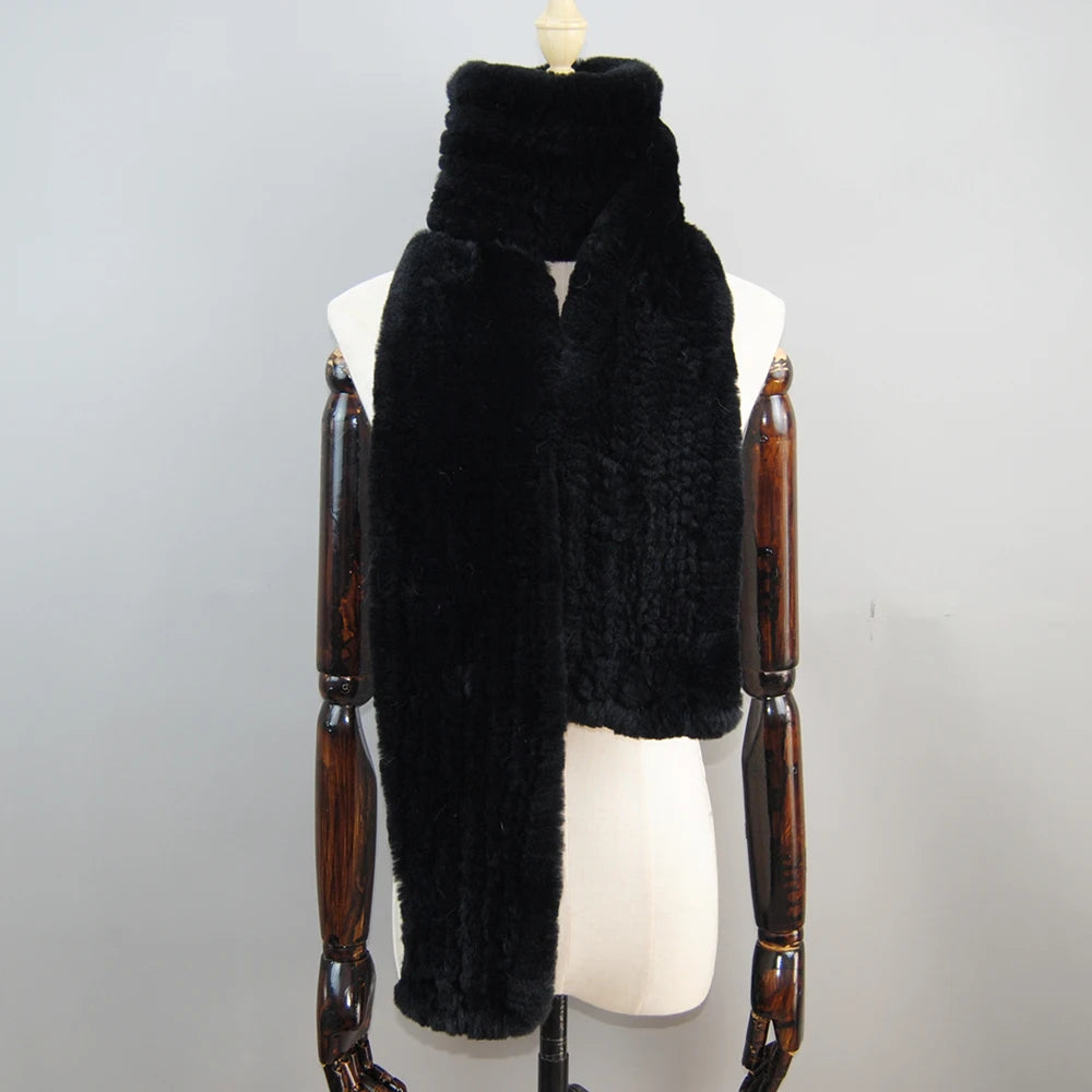 Long Style Genuine Rex Rabbit Fur Scarf– Women's Winter Knitted Ring Scarf & Luxury Muffler