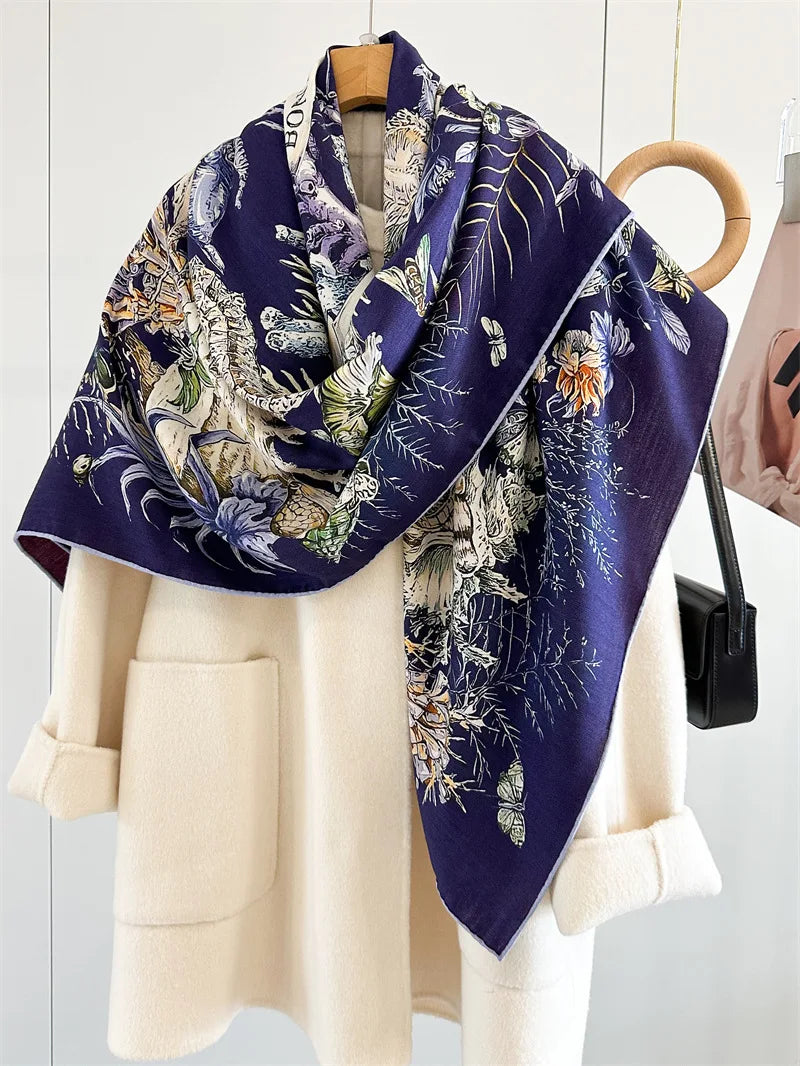 Winter Soft Scarf Double-Faced Printed Shawls Silk Wool Hand-rolled Edge Scarves Square Large Bandanas Shawls Christmas Gift